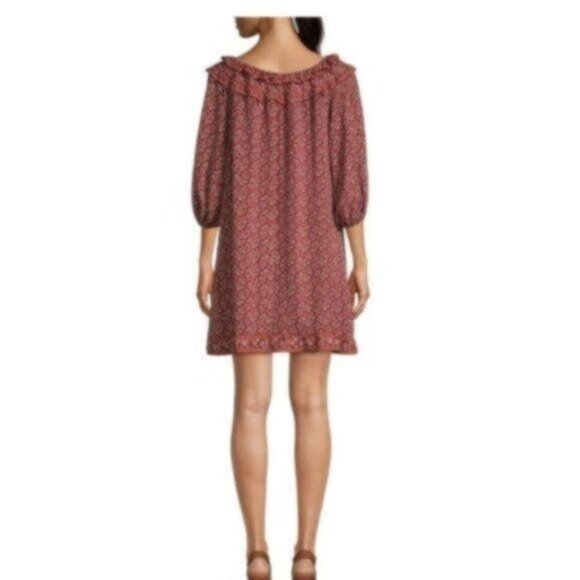NWT Max Studio Rust/Red Floral Puff-Sleeve Ruffled Boho Dress Large - Picture 3 of 10